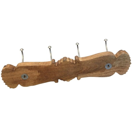 Handcarved Wooden Coat Rack With 4 Metal Hooks For Wall Mounting 24 in - Picture 5 of 8
